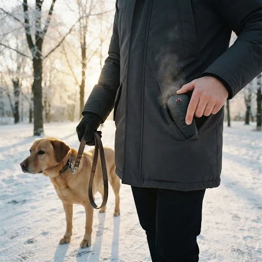 DualHeat morning dog walk in snow pocket warmth